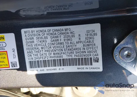 2024 Honda Civic Lx из США, поврежденный, VIN 2HGFE2F21RH558885